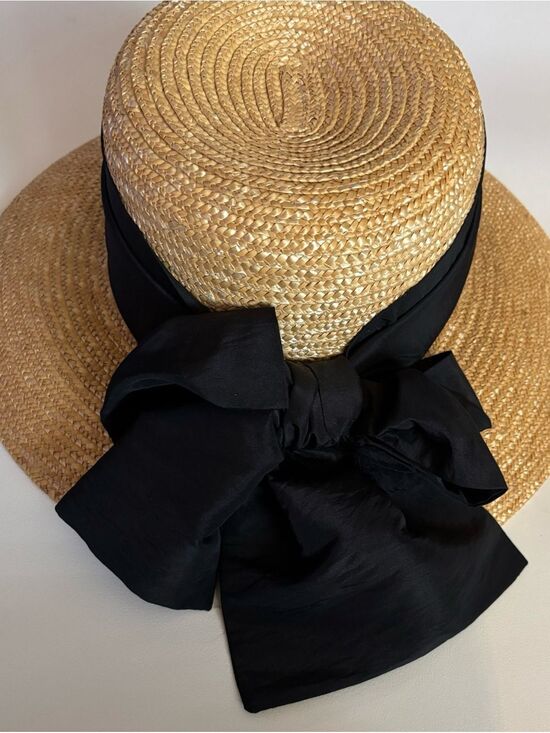 Vintage Giovannio Classic Straw Boater Hat ~ Dupioni Silk Ribbon Bow main image 4